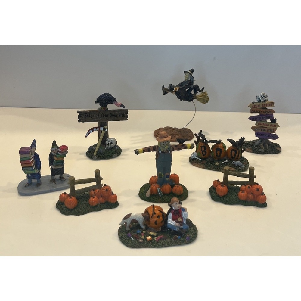 9 Piece Halloween Village Accessory Set Resin Witch Scarecrow Pumpkin Signs
